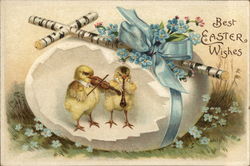 Chicks With Broken Easter Egg Play Musical Instruments With Chicks Postcard Postcard