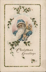 Christmas Greetings, Santa in Blue Postcard