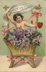 Cupid in Basket of Flowers, To My Valentine Postcard