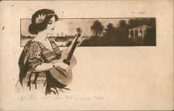 Woman With Flower in Hair Playing Guitar Women Postcard Postcard