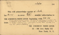 Subscription Stub For The American Music Lover Postcard