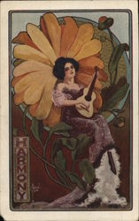 Harmony - Art Nouveau  Woman with Guitar Postcard