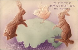 Two Bunnies And A Chick Pose Atop An Easter Egg Postcard