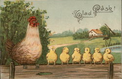 Hen And Six Chicks Sit On Fence Railing With Chicks Postcard Postcard