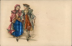 Man in Women in Fancy Clothes Silk & Fabric Applique Postcard Postcard