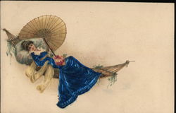 Woman in Hammock, Blue Dress Silk & Fabric Applique Postcard Postcard