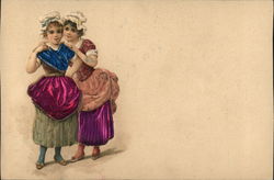 Two Girls Silk & Fabric Applique Postcard Postcard