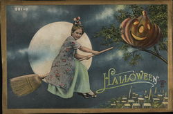 Halloween Girl on Broomstick Postcard Postcard