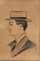 1908 Hand Drawn Pen & Ink Man with Hat Postcard