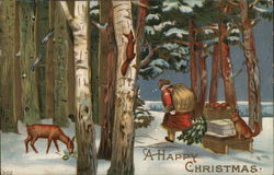 Santa Pulls Load Of Gifts Through Forest While Animals Watch Santa Claus Postcard Postcard