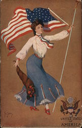 Patriotic woman waving american flag and carrying flowers - United States of America Postcard