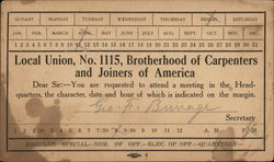 Local Union #1115 Brotherhood of Carpenters & Joiners of America Postal Cards & Correspondence Postcard Postcard