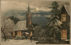 Winter Nighttime Scene Showing Church and Full Moon with Snow on Ground Hold To Light Postcard Postcard