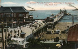 Long Beach and Auditorium, Battleships in the distance California Postcard Postcard Postcard