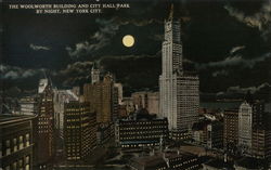 Woolworth Building and City Hall Park by Night New York, NY Postcard Postcard Postcard