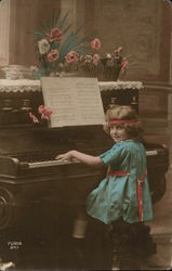 Child in Blue at Piano with Sheet Music Postcard