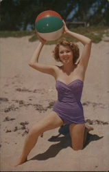 Woman in a Violet Swimsuit With Beachball Swimsuits & Pinup Postcard Postcard Postcard