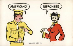 American Soldier and Nipponese Girl Japan Comic Postcard Postcard Postcard