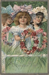 3 Young Girls Holding Flower Wreaths Children Postcard Postcard