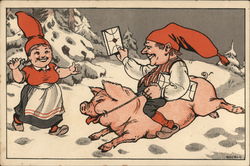 Gnome on a Pig delivering mail Pigs Postcard Postcard