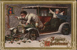 Christmas card with two children in an antique car in the snow Postcard Postcard