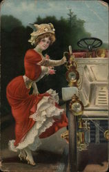 Woman in dress getting into car Postcard