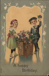 Birthday - A Boy and Girl with Flower Basket Postcard Postcard