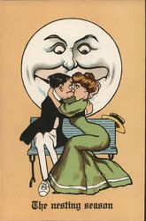 Couple Kissing on a Bench. Moon smiling behind. Moons Postcard Postcard