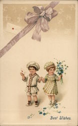 Boy and girl hold hands while girl holds flowers Postcard