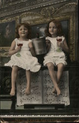 Two Girls on Piano Drinking Wine Postcard