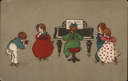 Children dancing, playing piano, giving flowers Postcard