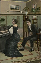 Woman plays piano as man looks on Pianos Postcard Postcard