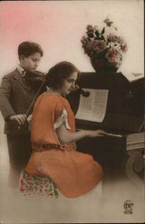 Girl Playing Piano and Boy Playing Violin Postcard