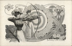 Women Performing Archery with Bows Drawn Postcard