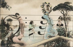 Women resting on musical notes, Bass Clef Postcard Postcard