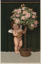 Cherub playing an instrument by a flower tree Cupid Postcard Postcard