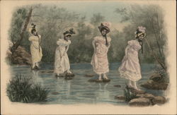 Four women Crossing River on Stones Postcard Postcard