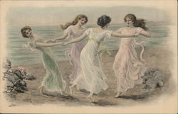 Four whimsically dressed young ladies dancing in a circle on the beach. Postcard