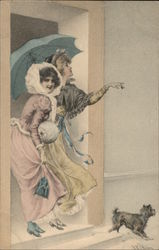 Two Women Under Parasol with Dog Postcard