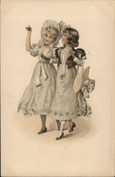 Two Girls in Bonnets Walking Postcard Postcard