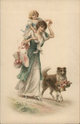 Mom Waking With Dog Carrying Child on Shoulders Girls Postcard Postcard