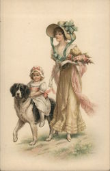 Mom and Child Talking a Walk With Dog Postcard