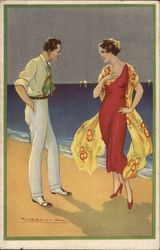 Art Deco Dressed Up Couple on Beach Postcard