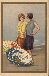 Art Deco Two women in beach with umbrellas Artist Signed Postcard Postcard