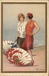 Art Deco Two Flapper Women with Asian Parasols Artist Signed Adolfo Busi Postcard Postcard Postcard