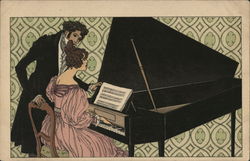 Woman plays piano as instructor looks on Women Postcard Postcard