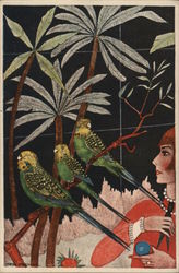 Art Deco Lady with Birds Artist Signed Postcard Postcard