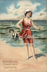 Greetings From The Seaside Swimsuits & Pinup Postcard Postcard