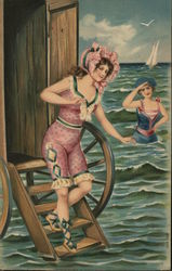 Woman Stepping Out of Changing Cottage Into Surf Swimsuits & Pinup Postcard Postcard