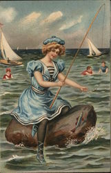 Woman Fishing Postcard